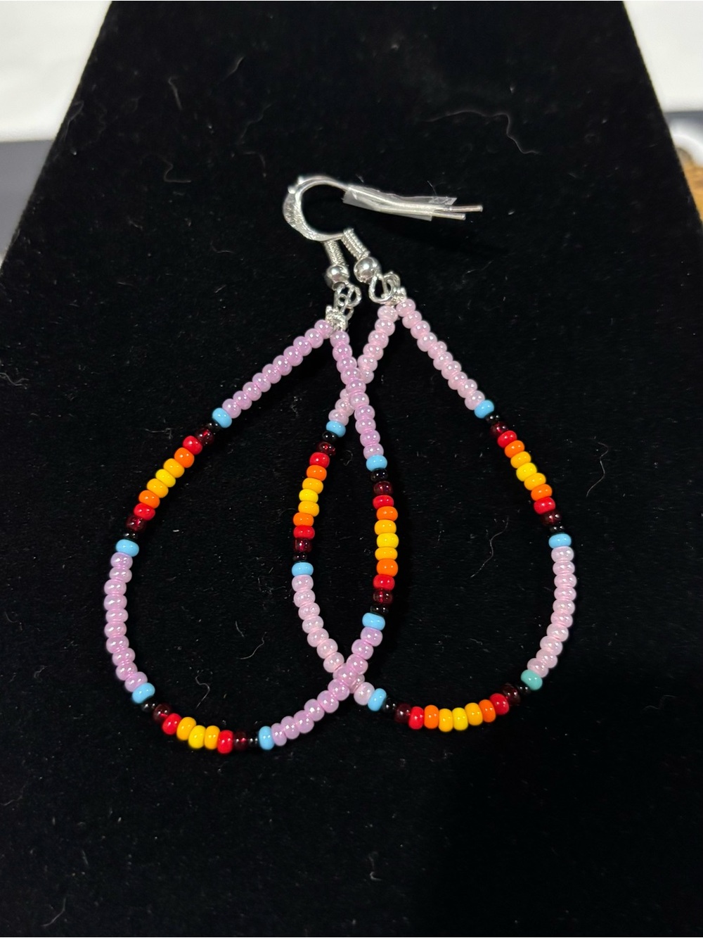 Handmade Seed Bead Teardrop Earrings - Pink with Rainbow Accent